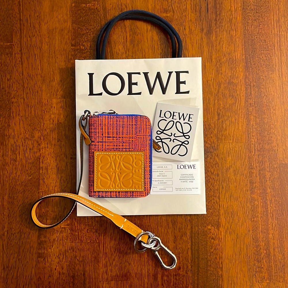 LOEWE Pink and Blue Wallet/Card Holder with Tan Strap for Purse and Keys